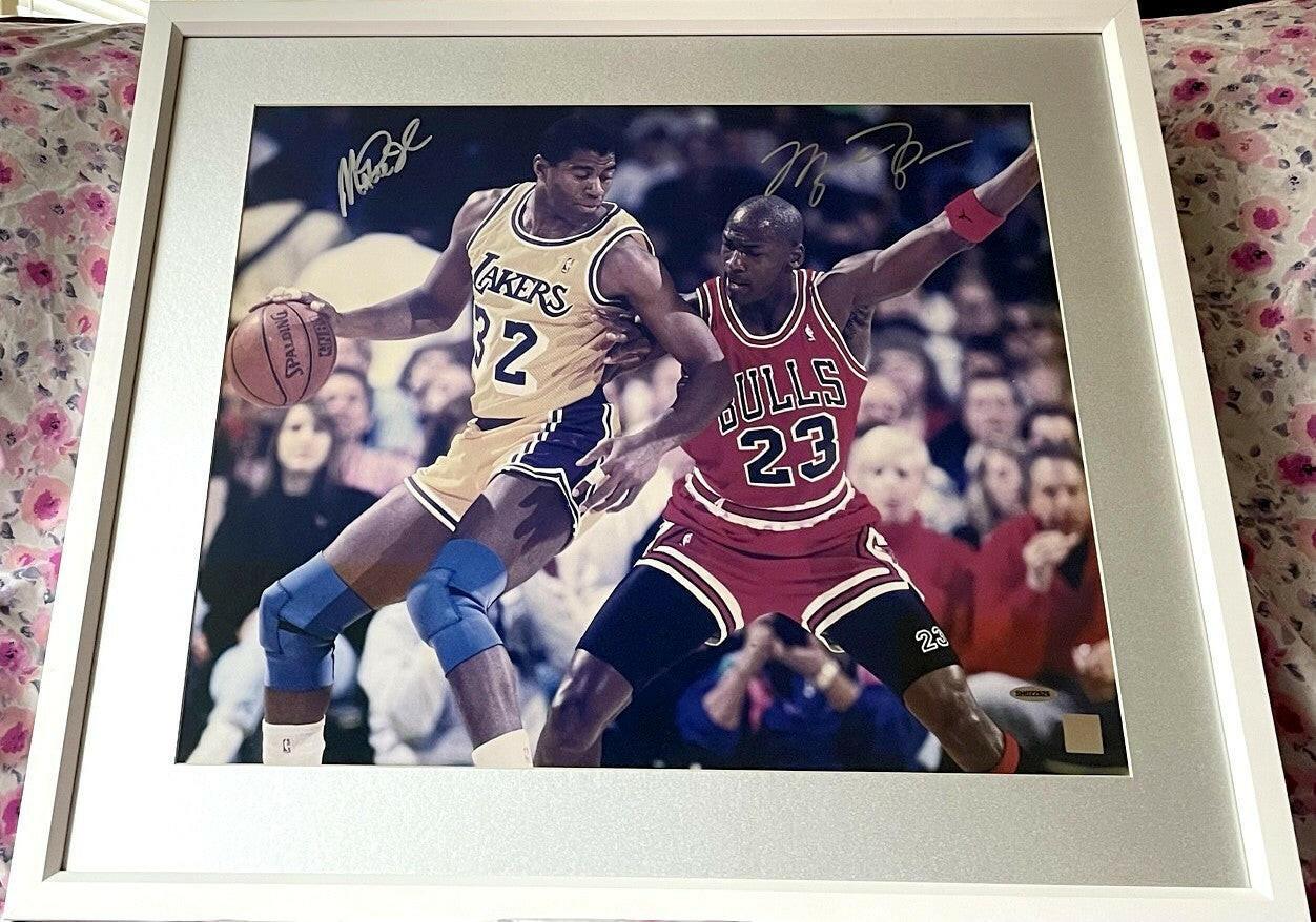 Michael Jordan and Magic Johnson autographed 1991 NBA Finals 16x20 poster size photo framed UDA - AutographsForSale.com