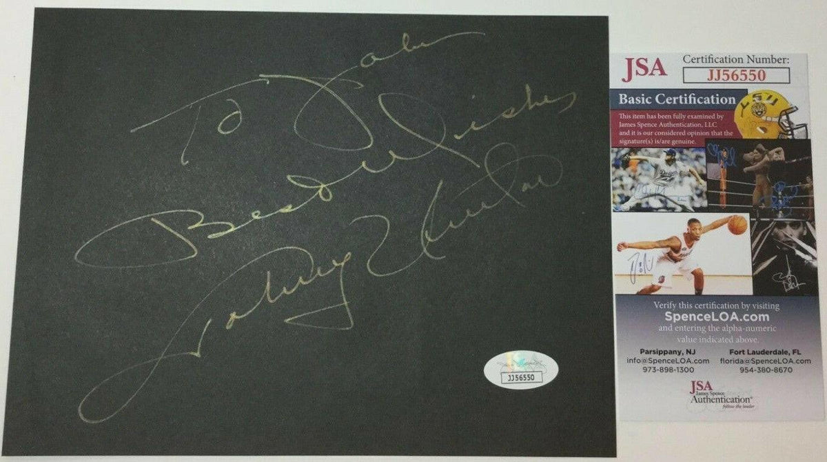 Johnny Unitas autographed 6x8 black paper inscribed To John Best Wishes (JSA) - AutographsForSale.com