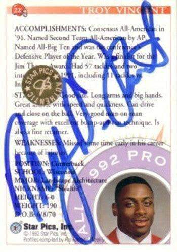 Troy Vincent certified signed Wisconsin Badgers 1992 Star Pics card - AutographsForSale.com