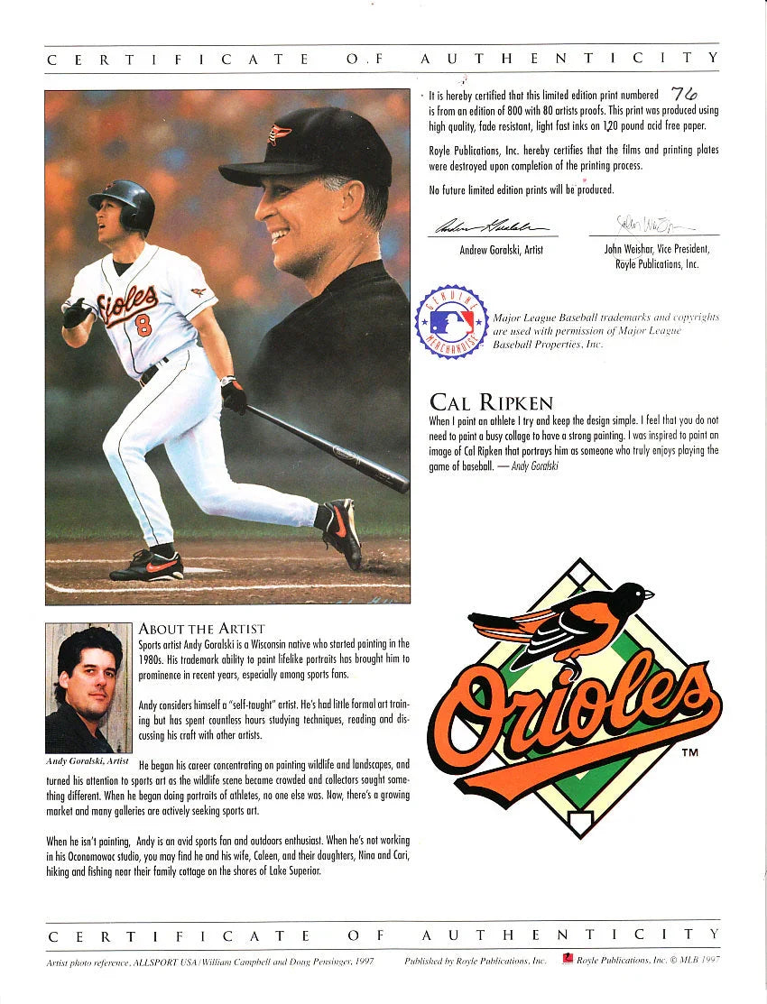 Cal Ripken signed Orioles 1997 litho framed STEINER - AutographsForSale.com