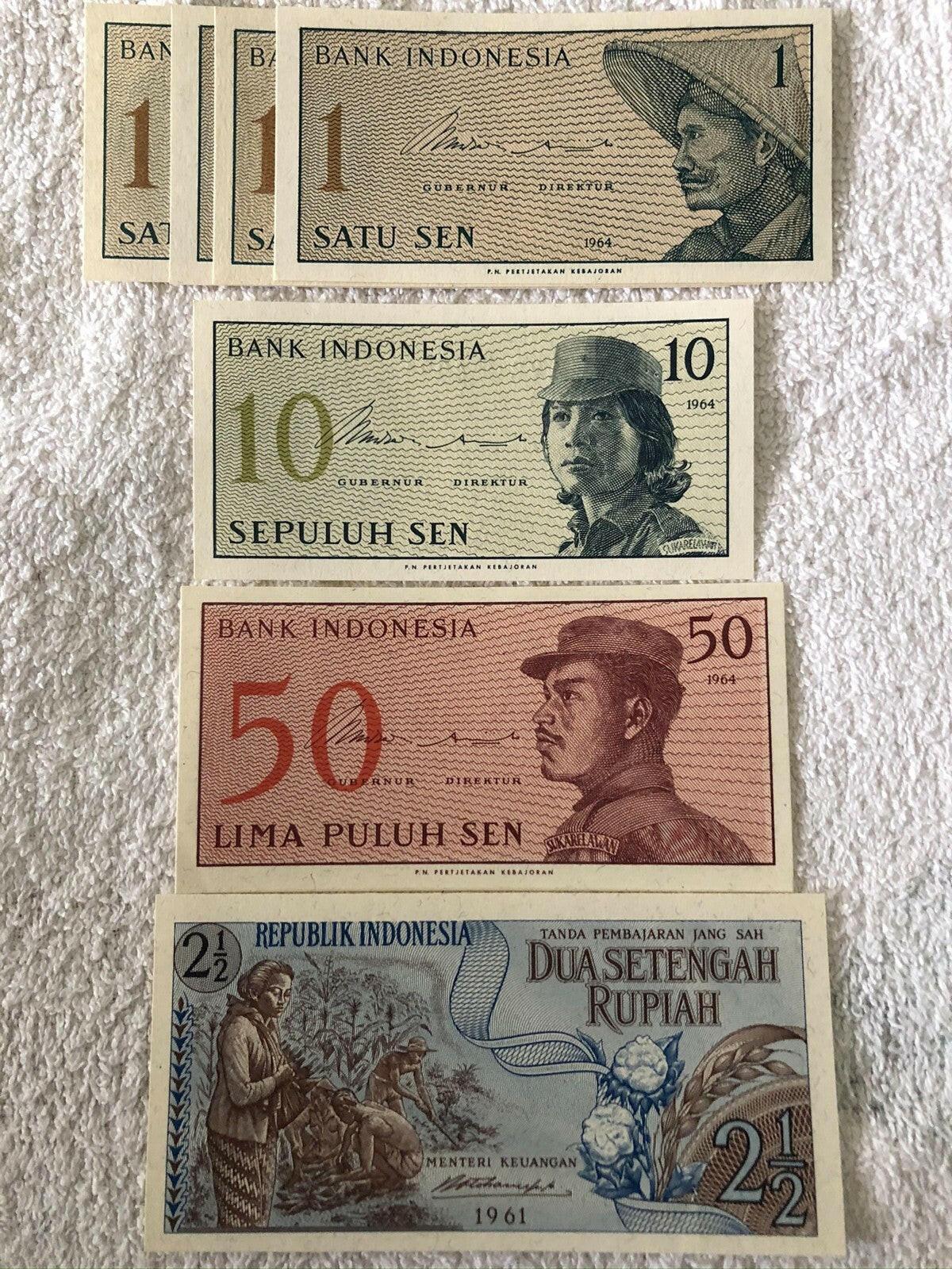 Indonesia lot of 7 Banknotes 1961 1964 Uncirculated - AutographsForSale.com