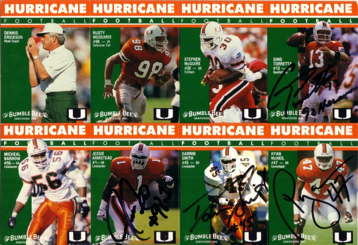 1992 Miami Hurricanes signed card set Darrin Smith Lamar Thomas Gino Torretta Kevin Williams - AutographsForSale.com