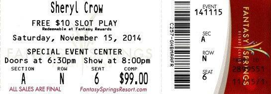 Sheryl Crow 2014 Fantasy Springs Indio California concert ticket - AutographsForSale.com