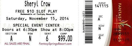 Sheryl Crow 2014 Fantasy Springs Indio California concert ticket - AutographsForSale.com