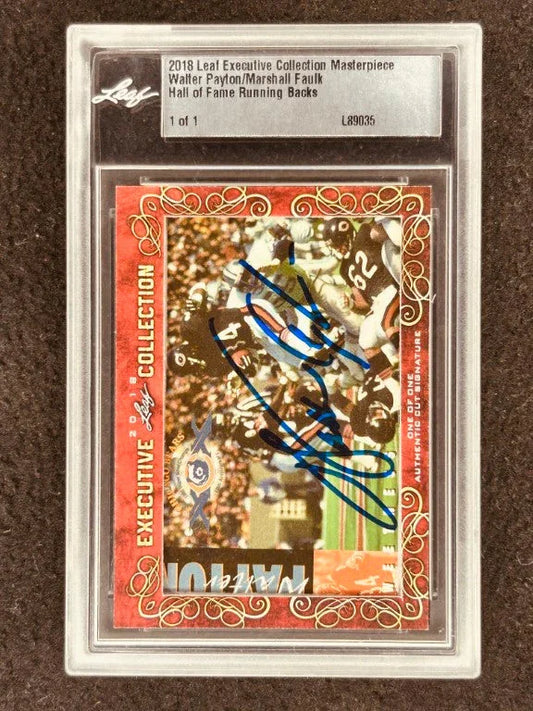 Walter Payton & Marshall Faulk 2018 Leaf Masterpiece Cut Signature certified signed card 1/1 JSA - AutographsForSale.com