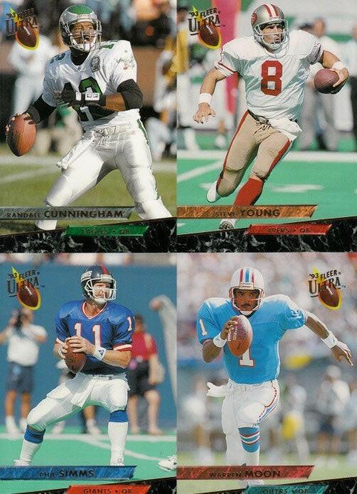 1994 Fleer Ultra Football uncut panel of 4 cards Randall Cunningham Warren Moon Phil Simms Steve Young - AutographsForSale.com
