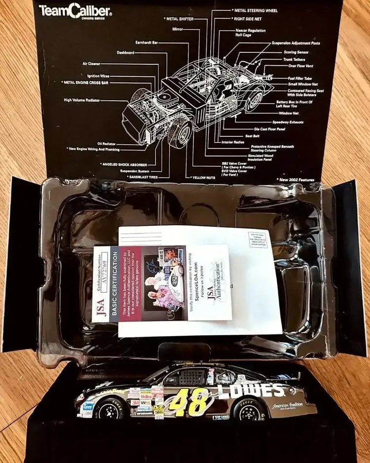 Jimmie Johnson signed 2002 Lowe’s 1:24 team Caliber Dark Chrome diecast car JSA - AutographsForSale.com