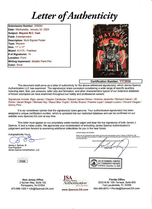 Mayans MC cast autographed 2019 Comic-Con poster Sarah Bolger Clayton cardenas Edward James Olmos J.D. Pardo JSA - AutographsForSale.com