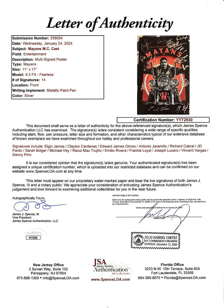 Mayans MC cast autographed 2019 Comic-Con poster Sarah Bolger Clayton cardenas Edward James Olmos J.D. Pardo JSA - AutographsForSale.com