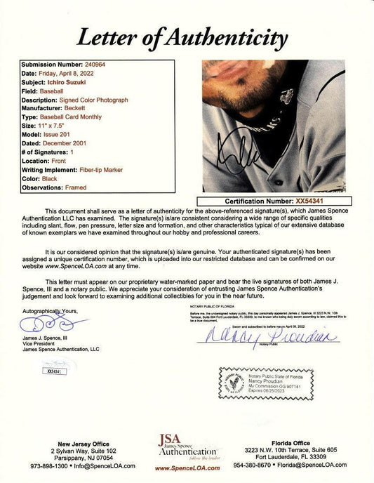 Ichiro Suzuki autographed Seattle Mariners 2001 Beckett Baseball magazine cover framed JSA - AutographsForSale.com