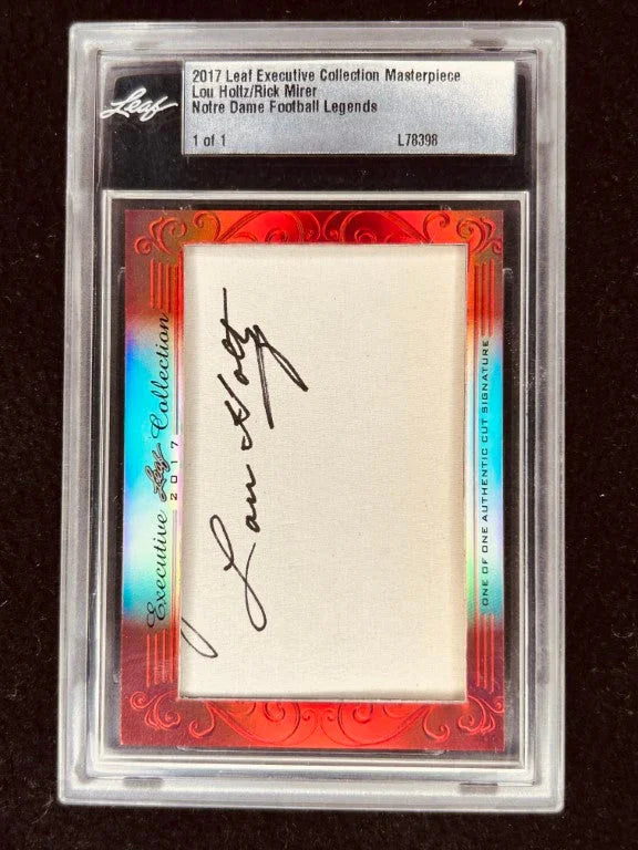 Lou Holtz & Rick Mirer 2017 Leaf Masterpiece Cut Signature certified signed card 1/1 Notre Dame JSA - AutographsForSale.com