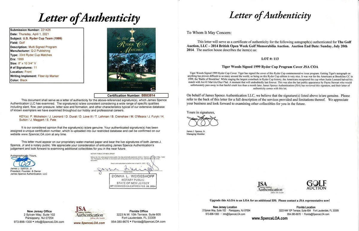 1999 US Ryder Cup team signed program covers framed JSA Tiger Woods - AutographsForSale.com