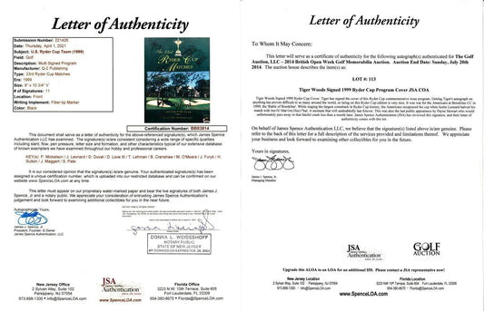 1999 US Ryder Cup team signed program covers framed JSA Tiger Woods - AutographsForSale.com