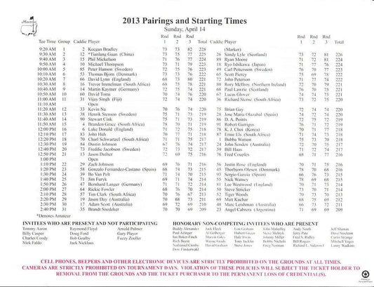 2013 Masters Sunday final round pairings sheet (Adam Scott wins) - AutographsForSale.com