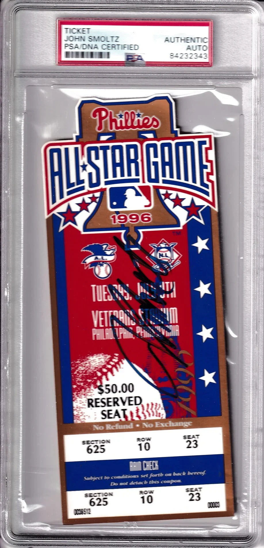 John Smoltz (Atlanta Braves) autographed 1996 MLB All-Star Game ticket PSA/DNA slabbed - AutographsForSale.com