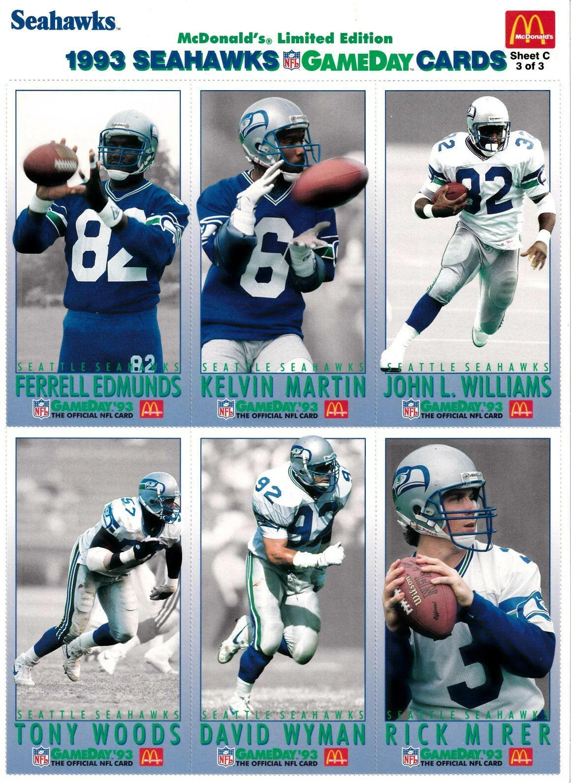 1993 Seattle Seahawks McDonald’s NFL GameDay card sheets Brian Blades John L. Williams - AutographsForSale.com
