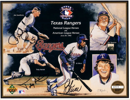 Toby Harrah Al Oliver Jim Sundberg signed Texas Rangers 1992 Upper Deck card sheet - AutographsForSale.com