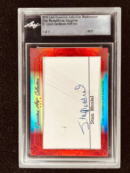 Stan Musial & Enos Slaughter 2016 Leaf Masterpiece Cut Signature certified signed card 1/1 JSA St Louis Cardinals - AutographsForSale.com