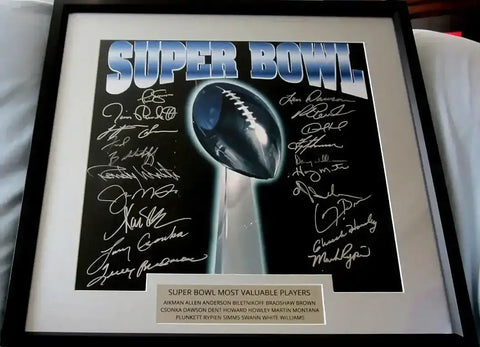 Framed Super Bowl MVP autographed memorabilia with Lombardi Trophy and player signatures