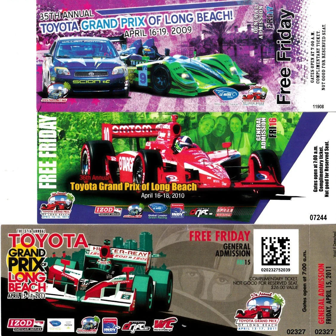Long Beach Grand Prix 2009 2010 2011 ticket stubs (Dario Franchitti Ryan Hunter-Reay Mike Conway) - AutographsForSale.com