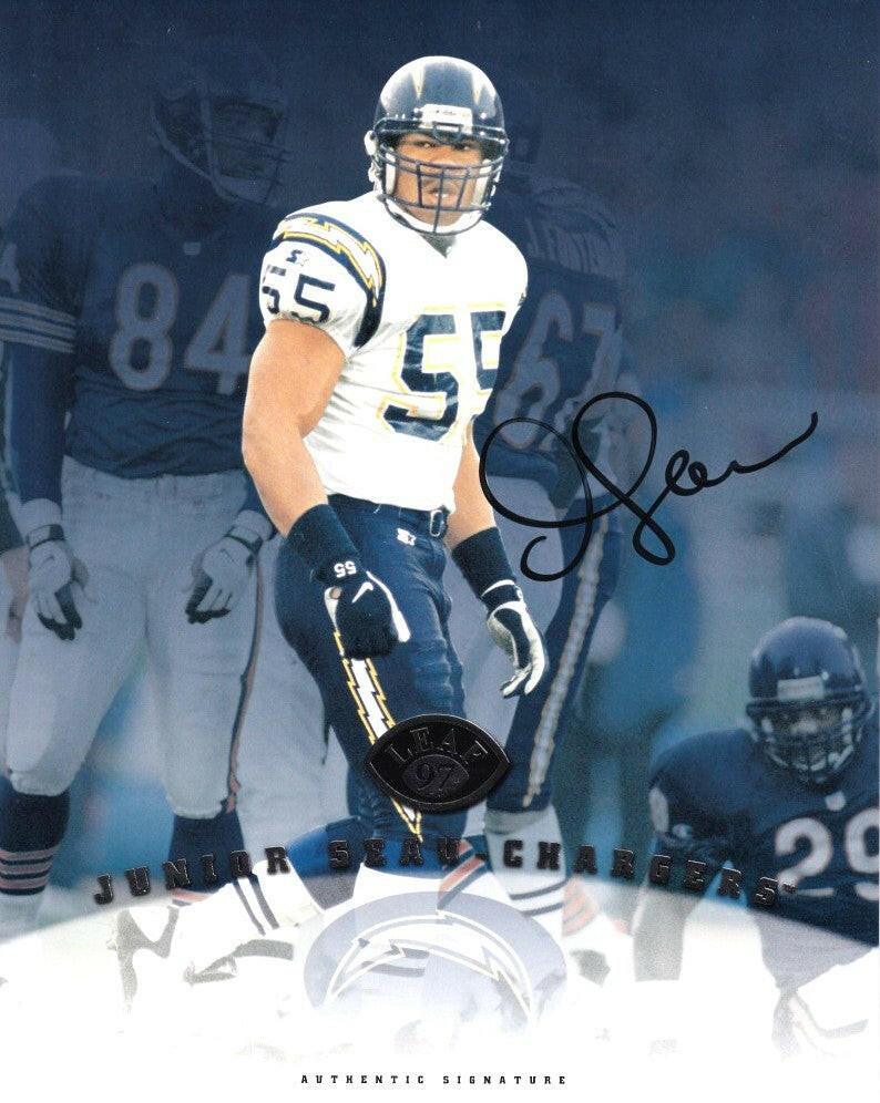 Junior Seau certified autograph San Diego Chargers 1997 Leaf 8x10 photo card - AutographsForSale.com