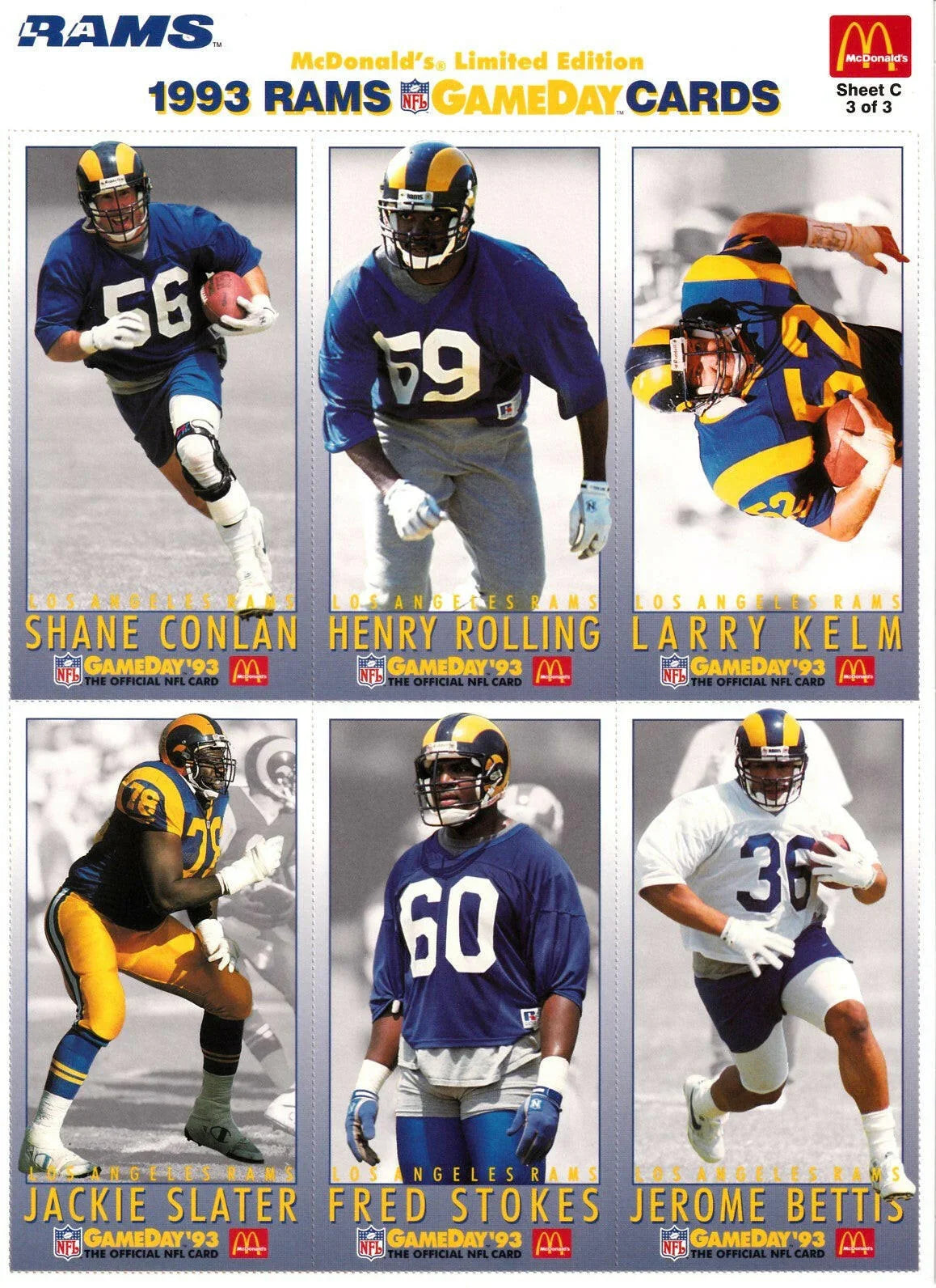 1993 LA Rams McDonald’s NFL GameDay card sheets Jerome Bettis Jim Everett Jackie Slater - AutographsForSale.com