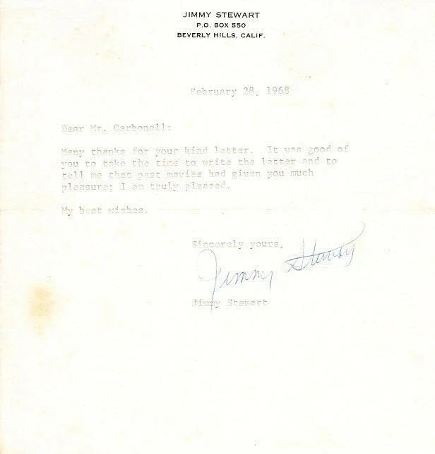 Jimmy Stewart secretarial signed 1968 thank you note on personal stationery - AutographsForSale.com