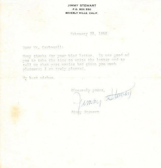 Jimmy Stewart secretarial signed 1968 thank you note on personal stationery - AutographsForSale.com