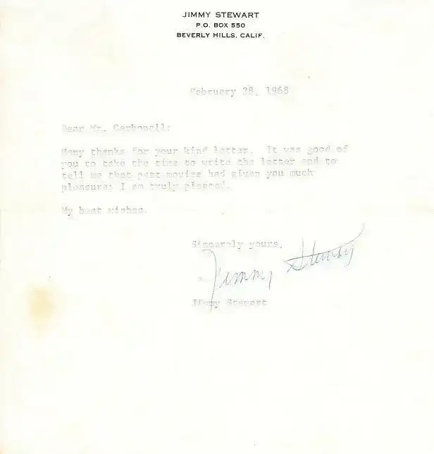 Jimmy Stewart secretarial signed 1968 thank you note on personal stationery - AutographsForSale.com