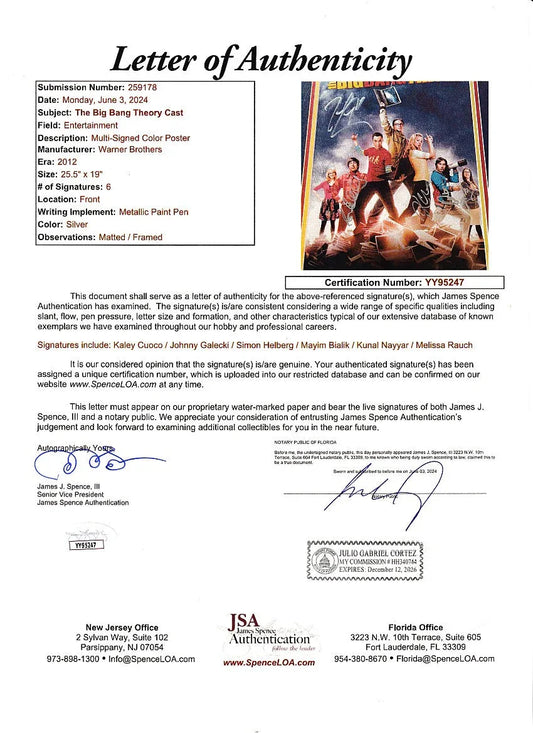Big Bang Theory Cast signed 2012 SDCC poster framed Kaley Cuoco Johnny Galecki JSA - AutographsForSale.com