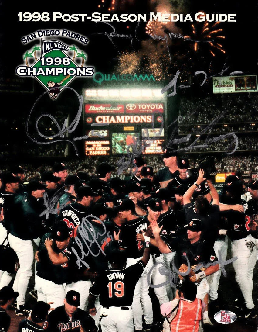 1998 San Diego Padres team autographed media guide cover framed JSA Ken Caminiti Tony Gwynn Trevor Hoffman - AutographsForSale.com