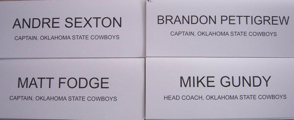 Oklahoma St 2008 Holiday Bowl luncheon placards Mike Gundy Brandon Pettigrew - AutographsForSale.com