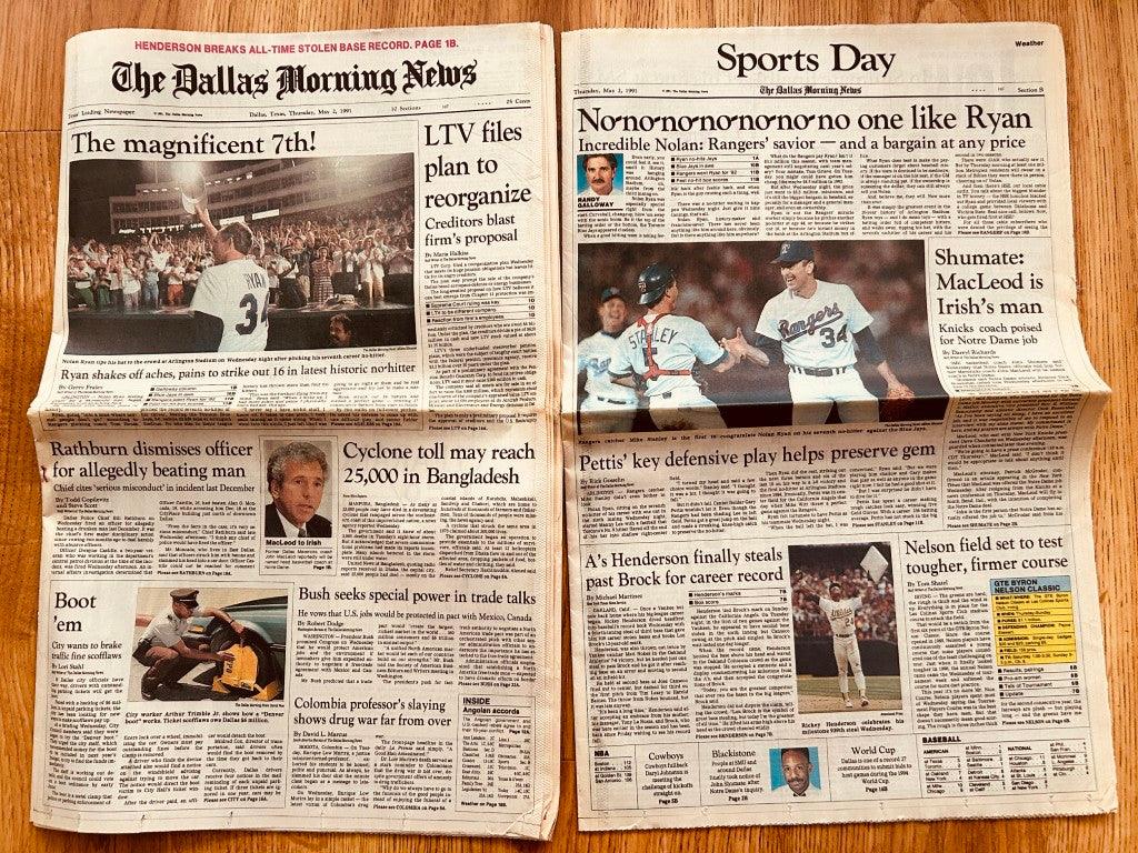 Nolan Ryan Texas Rangers 7th No-Hitter May 2 1991 Dallas Morning News newspaper - AutographsForSale.com