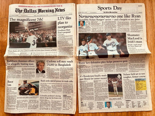 Nolan Ryan Texas Rangers 7th No-Hitter May 2 1991 Dallas Morning News newspaper - AutographsForSale.com