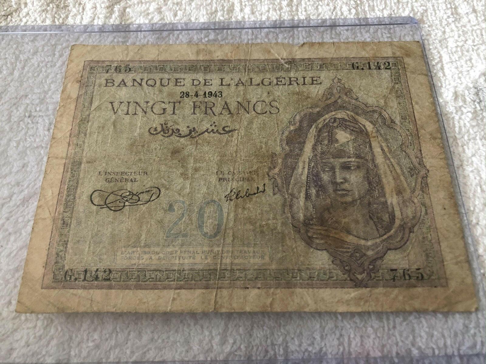 Algeria 20 Francs 1943 Banknote 3 - AutographsForSale.com