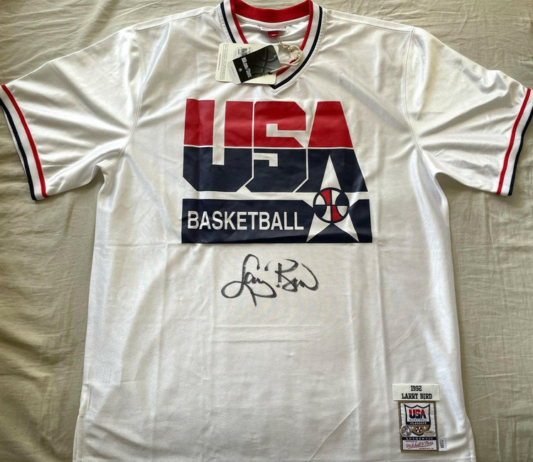 Larry Bird autographed 1992 USA Dream Team Mitchell and Ness warmup jersey or shooting shirt (Schwartz) - AutographsForSale.com