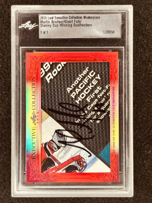 Martin Brodeur Grant Fuhr 2015 Leaf Masterpiece Cut Signature certified signed card 1/1 JSA - AutographsForSale.com