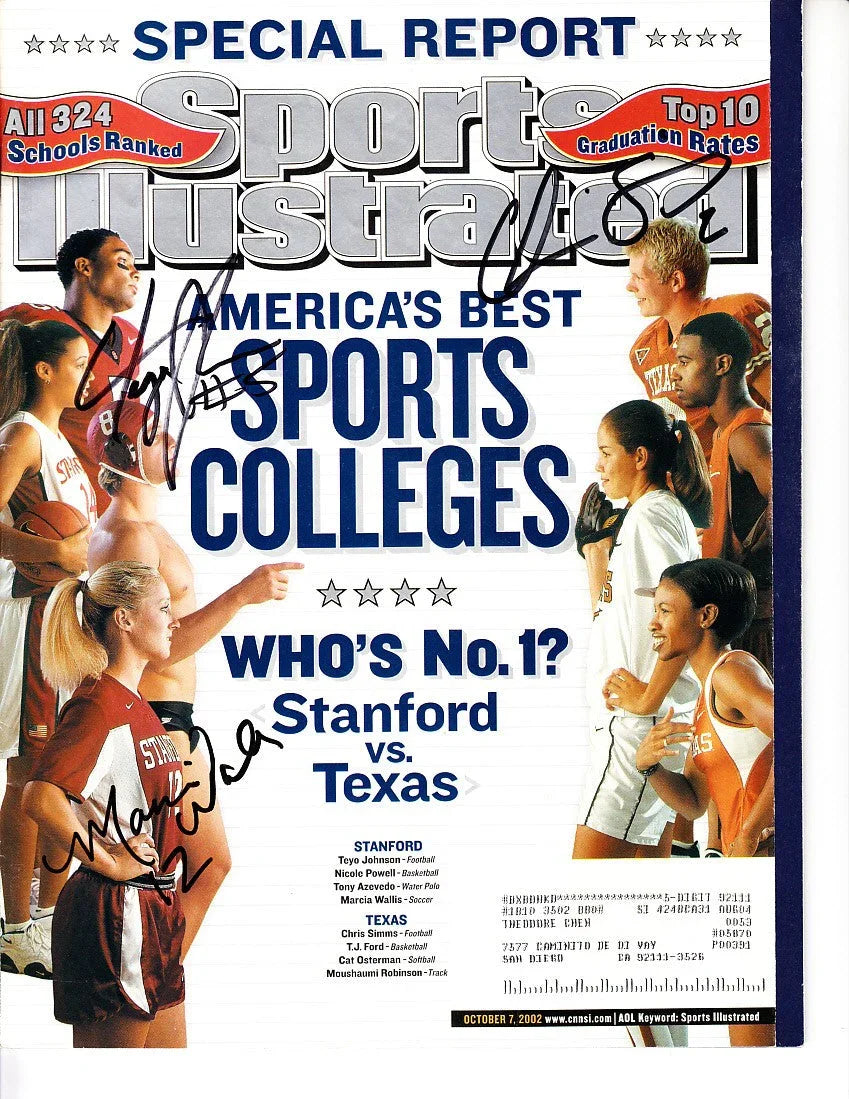 Teyo Johnson Chris Simms Marcia Wallis signed Stanford vs Texas 2002 Sports Illustrated magazine - AutographsForSale.com