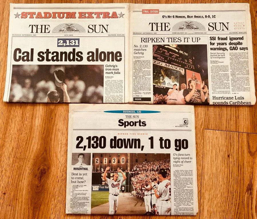 Cal Ripken Orioles 2130 2131 Consecutive Games 1995 Baltimore Sun Stadium Extra newspaper - AutographsForSale.com