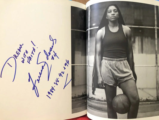 Page from 1996 Olympic Portraits book signed by US women’s soccer, softball teams and Olympians