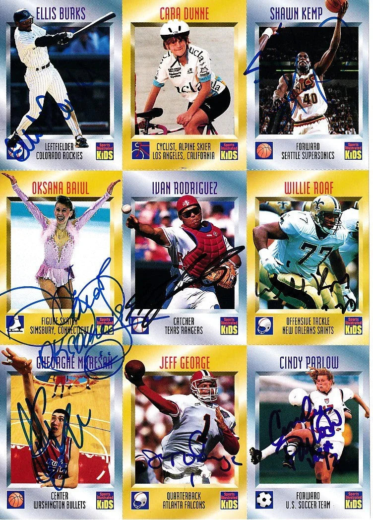 Signed 1996 SI for Kids card sheet Oksana Baiul Shawn Kemp Ivan Rodriguez JSA - AutographsForSale.com