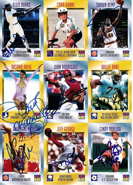 Signed 1996 SI for Kids card sheet Oksana Baiul Shawn Kemp Ivan Rodriguez JSA - AutographsForSale.com