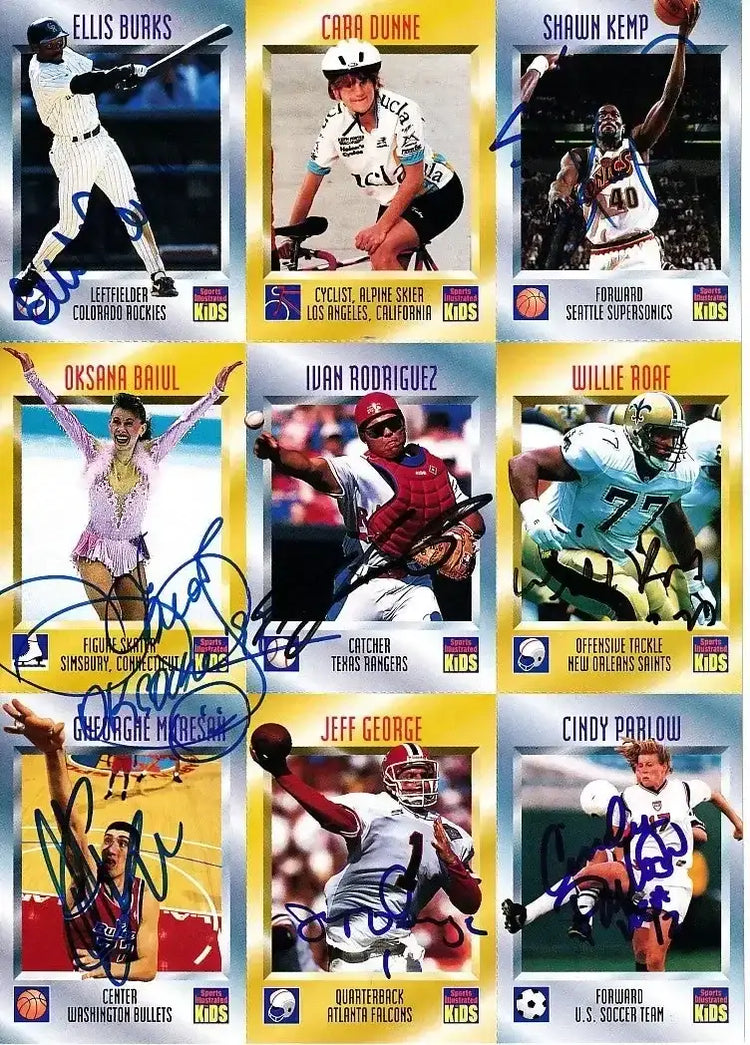 Signed 1996 SI for Kids card sheet Oksana Baiul Shawn Kemp Ivan Rodriguez JSA - AutographsForSale.com