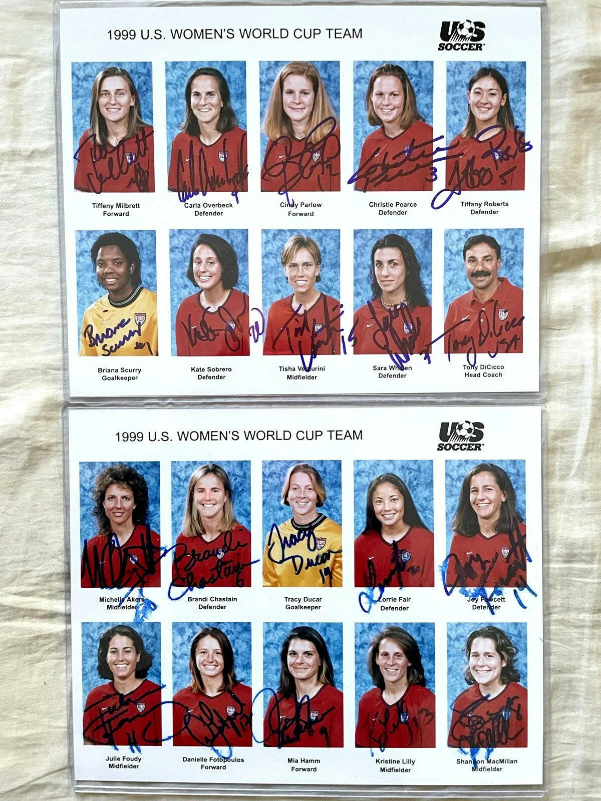 1999 U.S. Women's World Cup Team 8x10 color photos autographed by late head coach Tony DiCicco and all 19 players