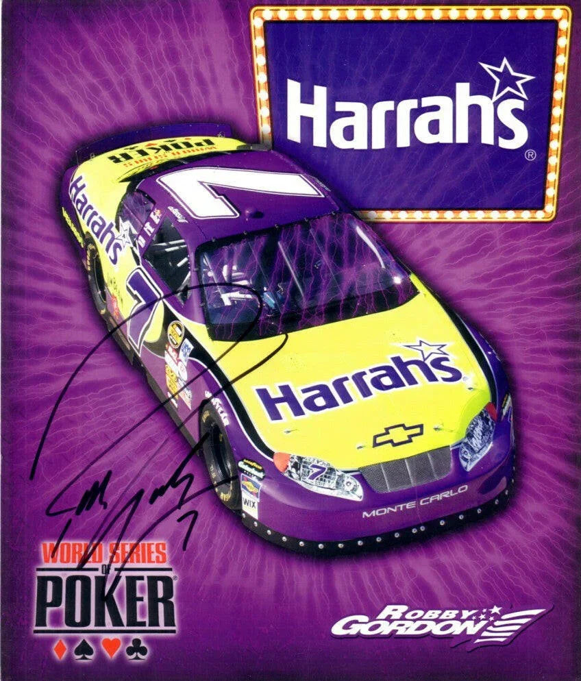Robby Gordon autographed Harrahs NASCAR 8x10 photo card - AutographsForSale.com