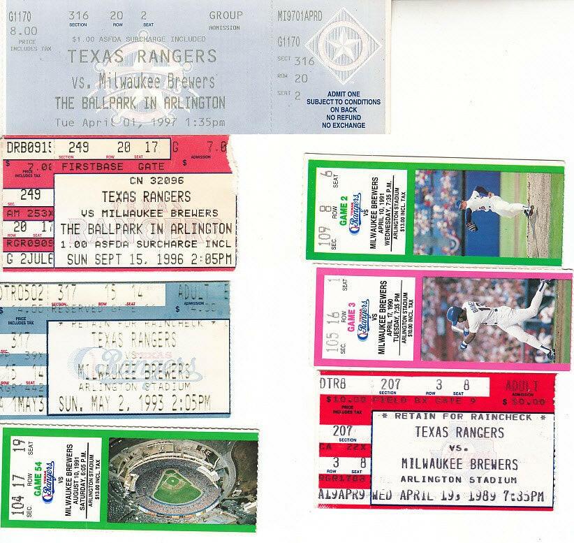 Brewers at Texas Rangers 7 vintage 1989 to 1997 tickets - AutographsForSale.com