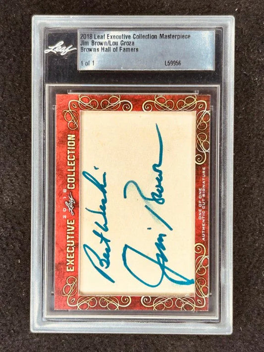 Jim Brown and Lou Groza 2018 Leaf Masterpiece Cut Signature certified autograph card 1/1 JSA Browns - AutographsForSale.com
