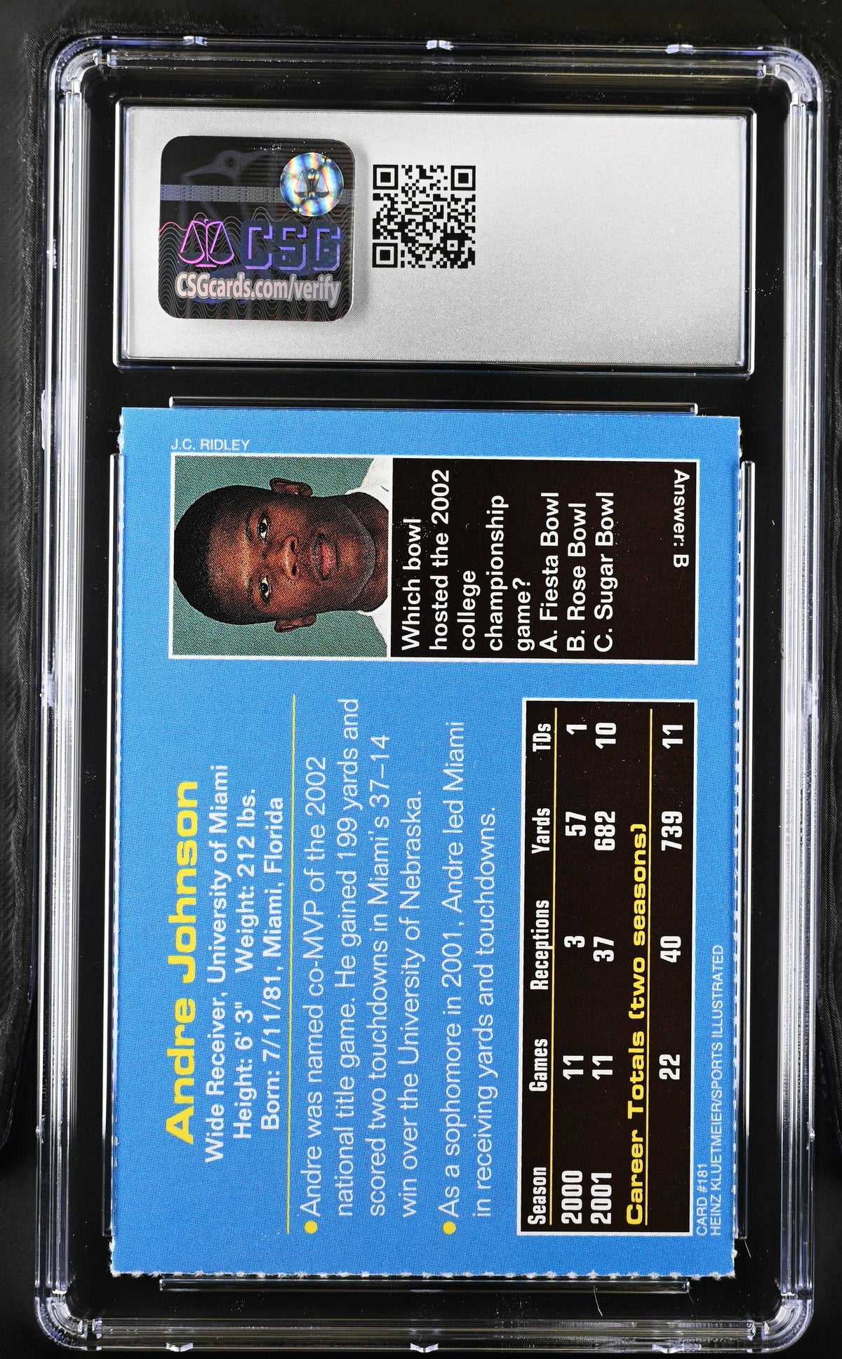 Andre Johnson Miami Hurricanes 2002 SI for Kids RC CSG 9.5 MT+ - AutographsForSale.com