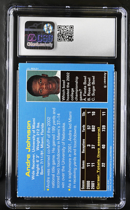 Andre Johnson Miami Hurricanes 2002 Sports Illustrated for Kids Rookie Card CSG 9.5 MINT PLUS - AutographsForSale.com