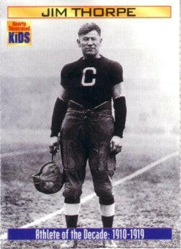 Vintage Jim Thorpe football trading card, black and white, 1910s sports memorabilia.